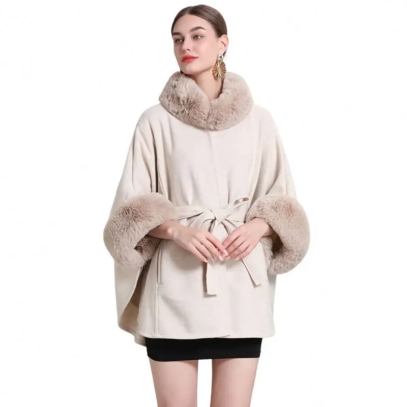 New Design Women Wool Capes High Fashion Faux Fur Shawls Fur Collar Lady Winter Ponchos