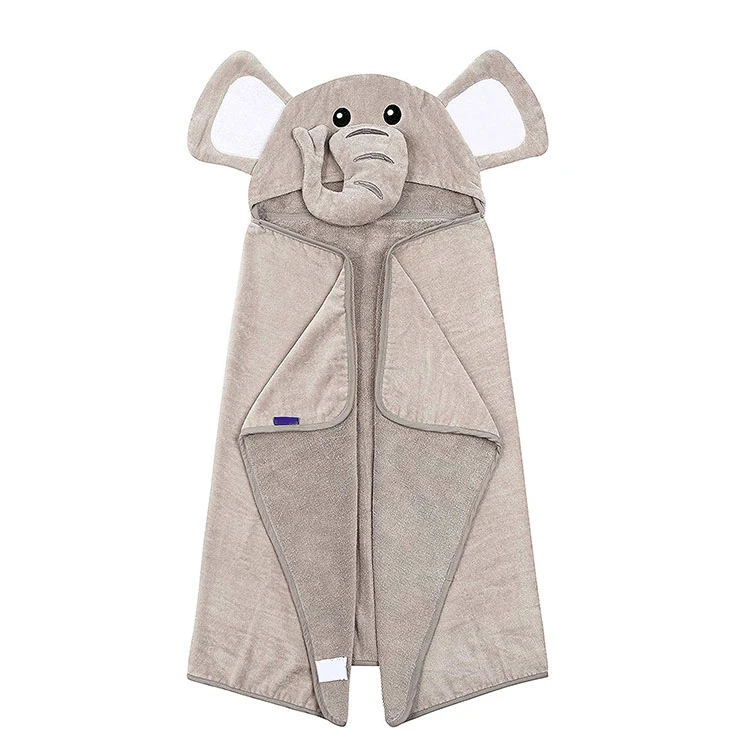 Glory Baby Amazon Hot Sale Baby Hooded Bath Towel 100% Cotton Gray Elephant Cartoon Pattern