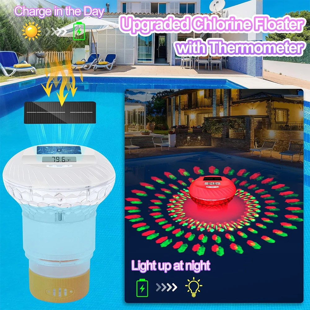 OEM ODM Solar LCD Thermometer Floating Chlorine Dispenser Floater Chlorinator Pool Chlorine Tablets for Swimming pool