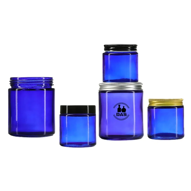 Wholesale Eco Friendly 4oz 8oz 4 oz 8 oz 120g 250g Blue Clear Cosmetic Glass Jar with Metal Plastic Lids