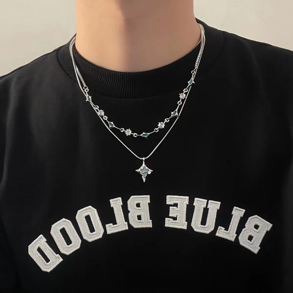 Hip Hop Geometry Star Multi layered Silver Necklace Stainless Steel Flower Beaded Necklace Punk Y2K Jewelry Accessories Party