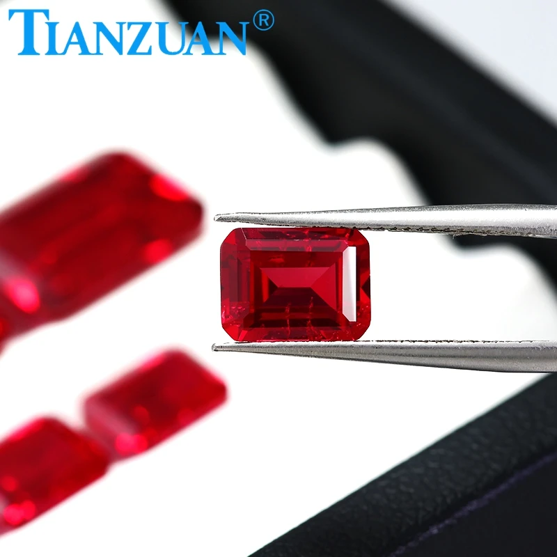 Pigeon Blood Red color lab created ruby rectangle Octagon shape emerald cut including minor cracks inclusions loose gem stone