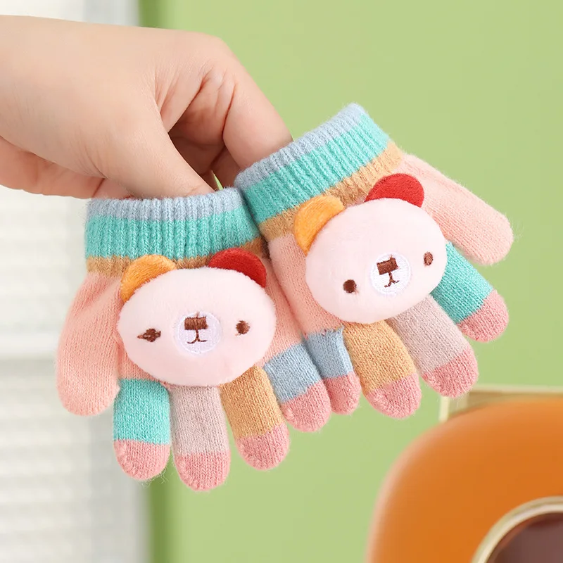 2023 Orange Half Finger Warm Winter Gloves for Children Lovely Rabbit Pattern Covered Mittens for Kids