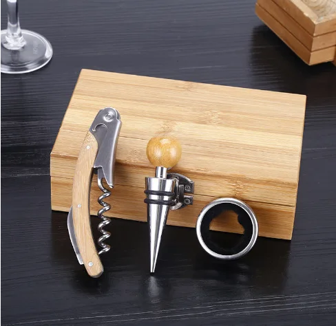4 pcs Bar Tools Wine Bottle Corkscrew set Bamboo Wine Opener Set Gift Box in Bamboo Wooden Box