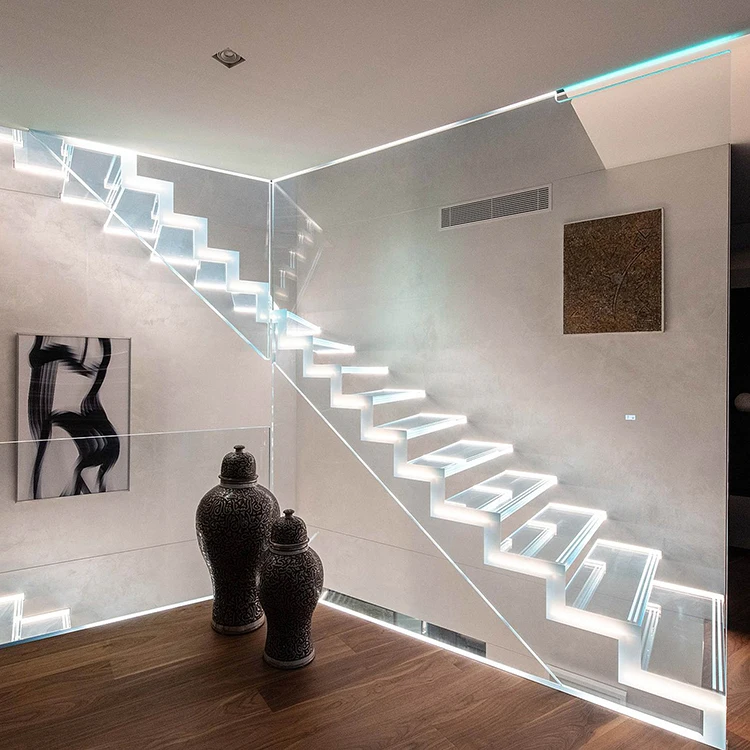 Скрытый луч прямой плавающий лестницы дизайн со встроенным освещением и Бескаркасной системой перил из закаленного стекла