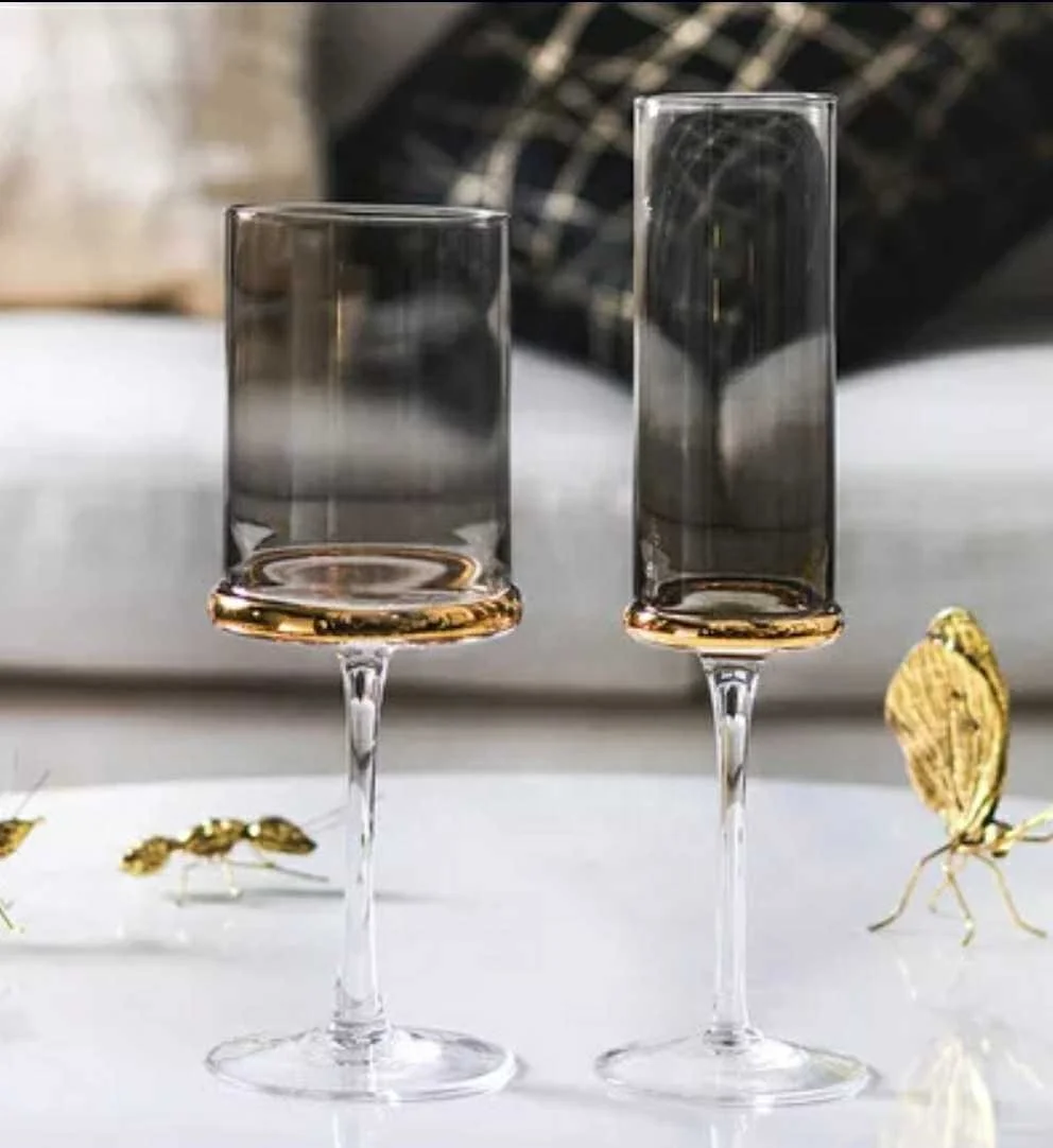 Cyan color slanted soda lime wine glass crystal hand cut goblets