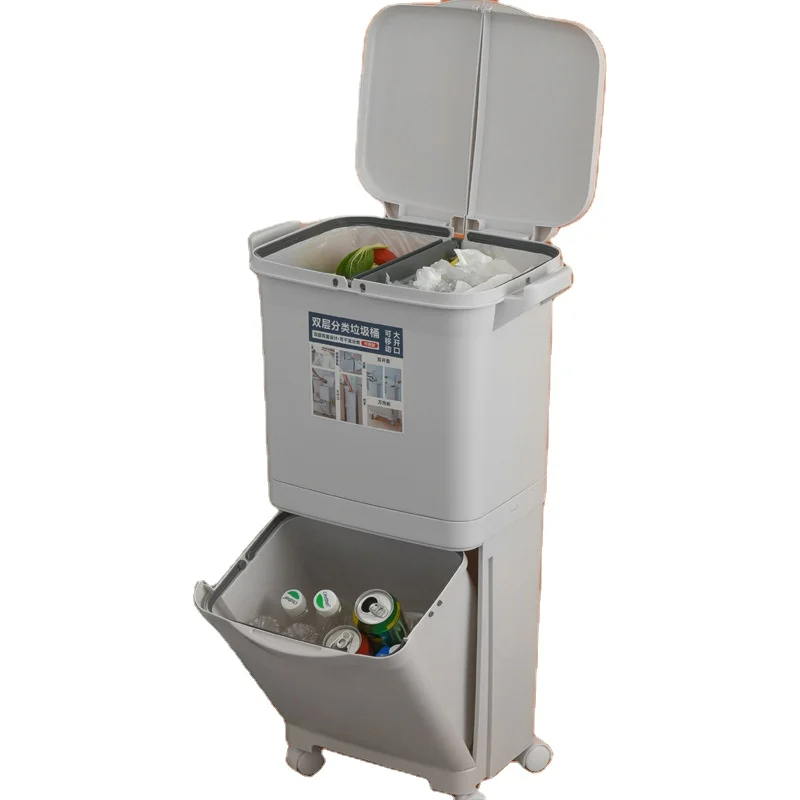 Kitchen Double-layer Rectangular Dustbin Plastic Wheeled Recycle Waste Bin Trash Can with Lid for Sale