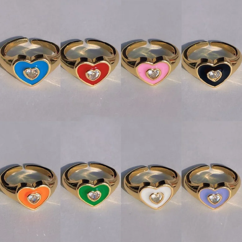 Женское минималистское ювелирное изделие y2k разноцветное кольцо с эмалью и цирконием Позолоченные Открытые Регулируемые кольца на палец
