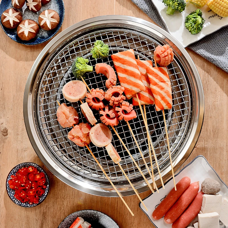 Customized Camping Outdoor Round Korean Barbecue Grill Desktop Stainless steel Roasting Pan Portable  Charcoal BBQ Grill