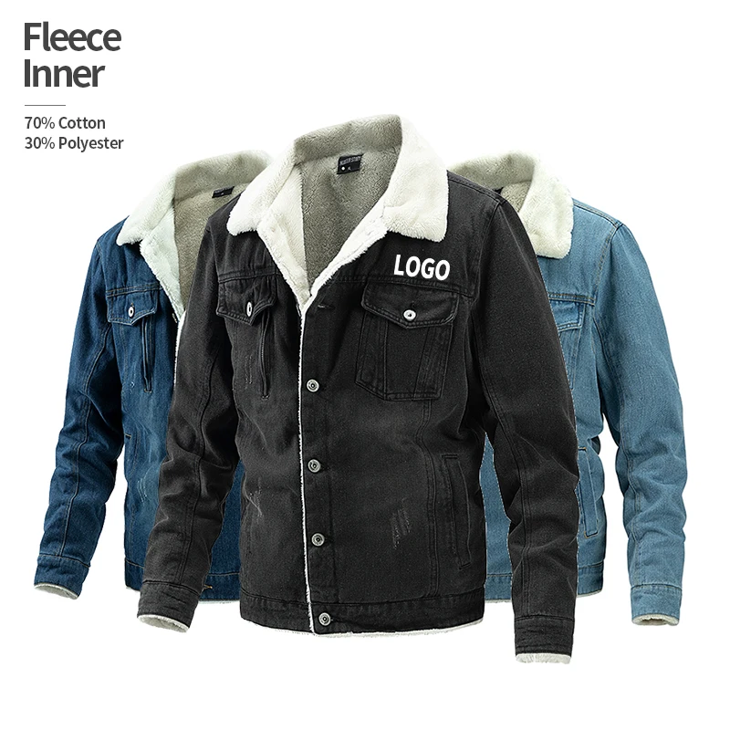 custom 70% cotton 30% polyester fleece inner jean jacket winter warm denim jacket men