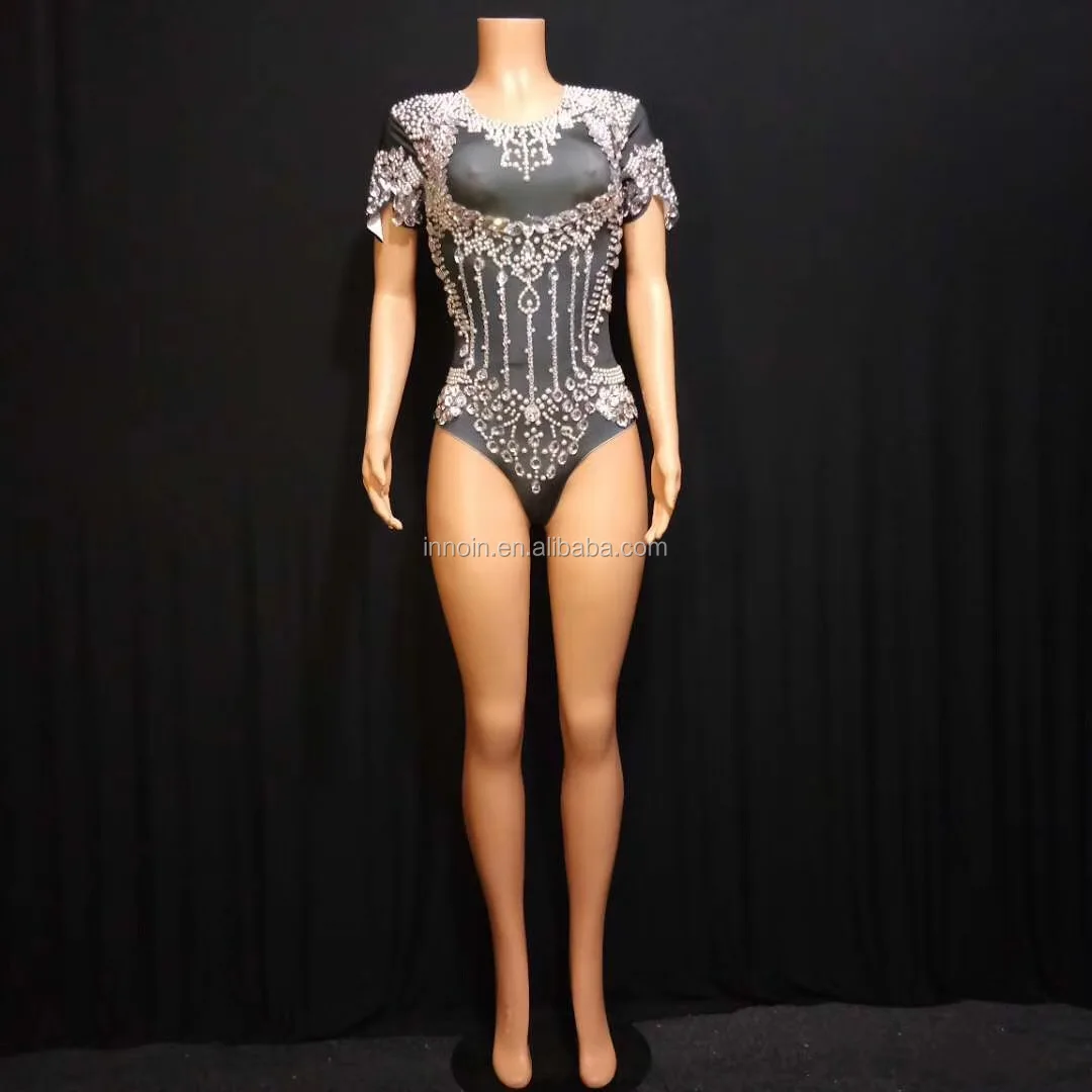Black Rhinestone Pearl Short Piece Bodysuit DJ Wear Pole Dance Costumes Stage Show Jumpsuit Singer Performance Clothes Club