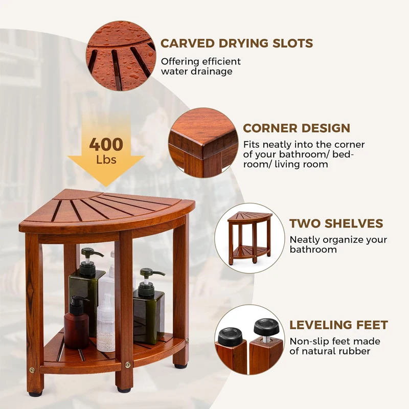 Teak Corner Shower Stool for Shaving Legs with Storage Shelf