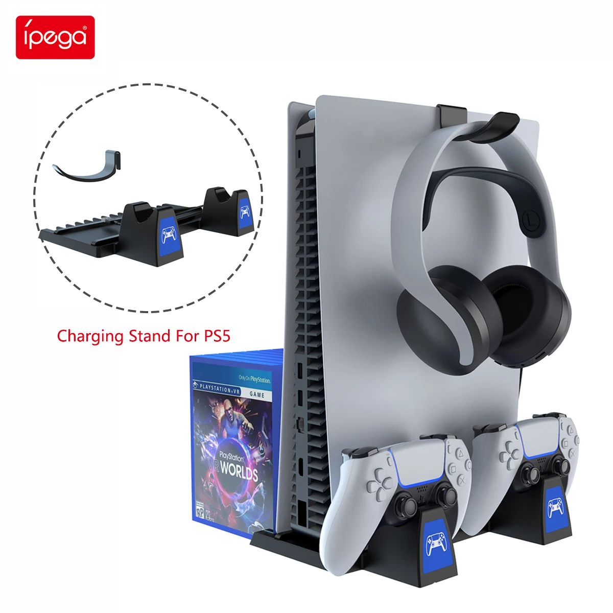IPEGA-Fast charging PS5 gamepad multi-function charging base, suitable for PS5 game accessories, with headset CD storage