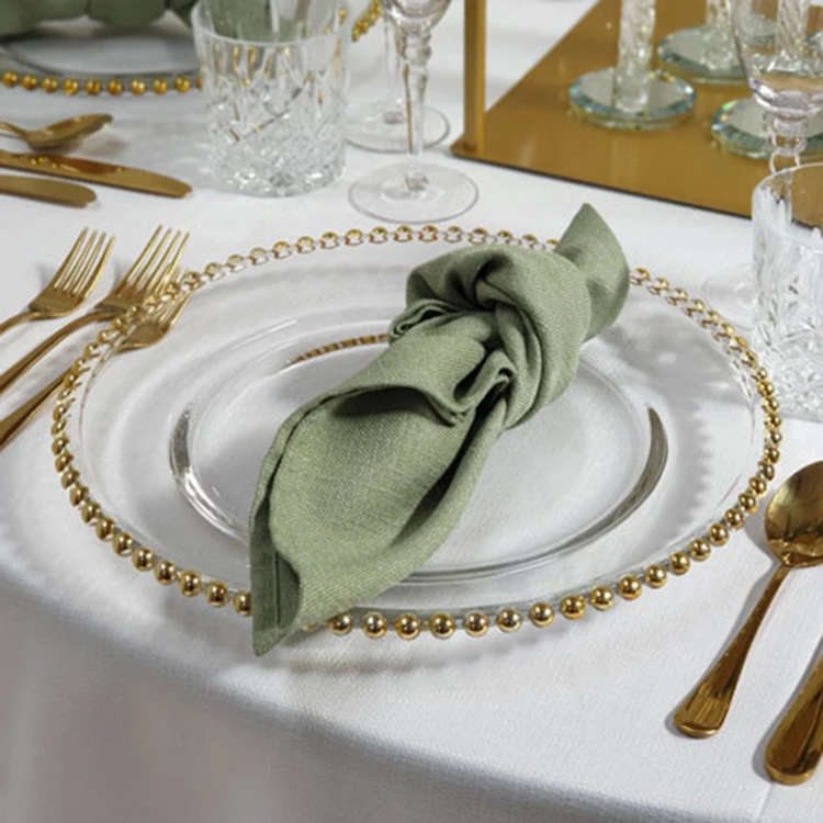 Clear Luxury Glass Wedding Plates Set Supplies Banquet Plates Party Restaurant Home Glass Gold Beaded Charger Plate