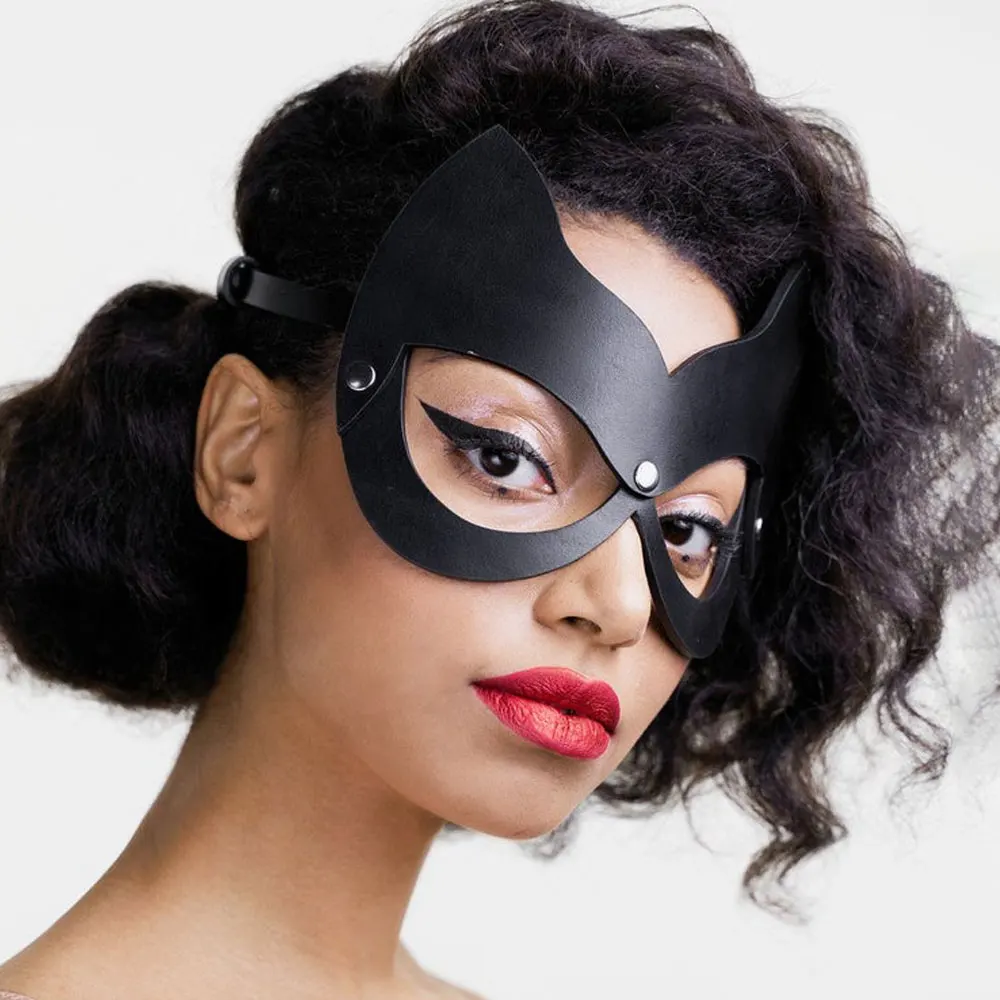 Half Eyes Cosplay Mask Face Cat Leather Harness Mask  Women Leather Fun Cat Mask Black Halloween
