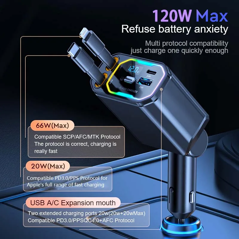 2024 New 120W LED Digital Display Car Charger 4-in-1 Quick Conversion Station C Type PD Retractable Car Charger