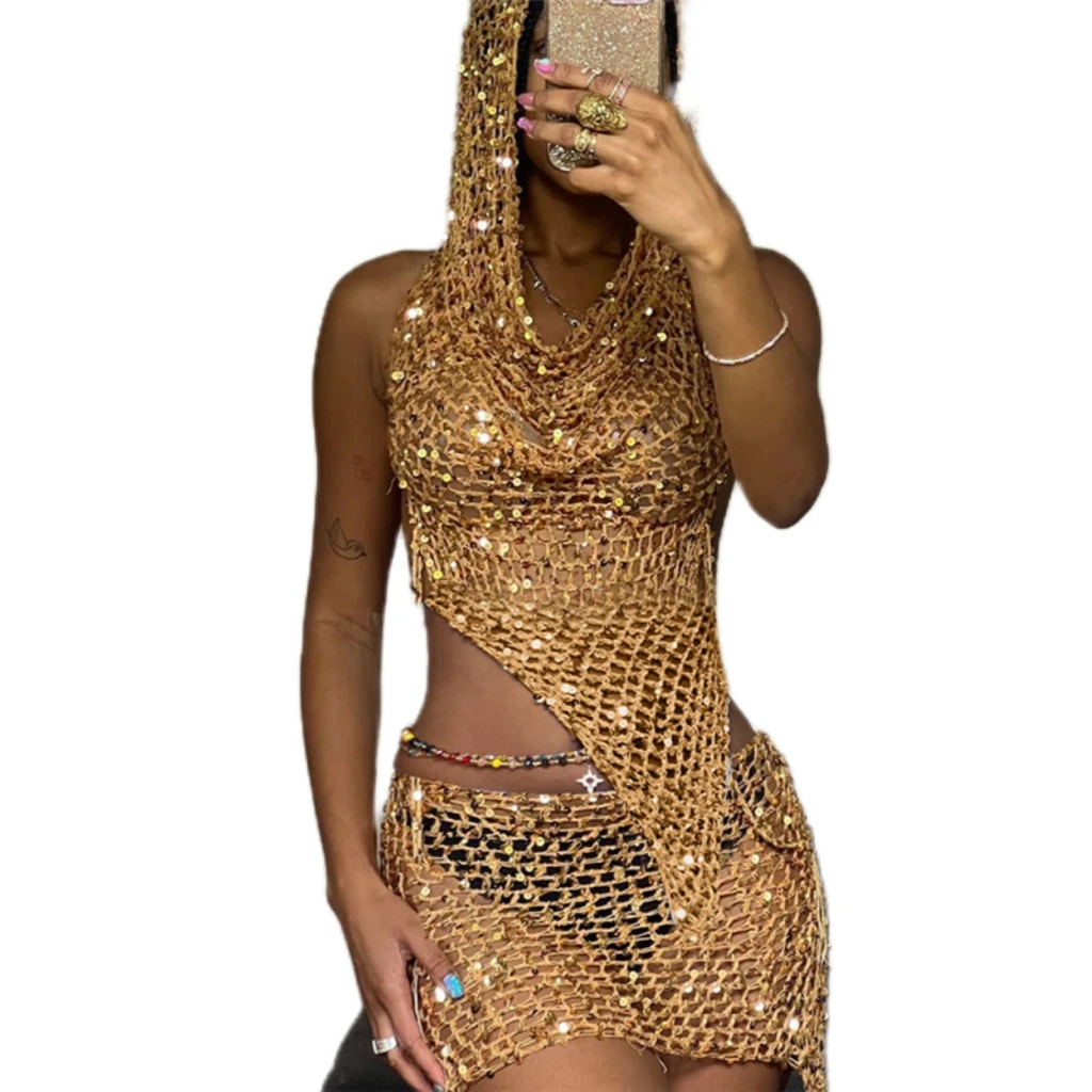 Channel Silver Gold Hollow Out Sexy Backless Sequined Crochet 2 Piece Festival Mini Skirt And Halter Top Set