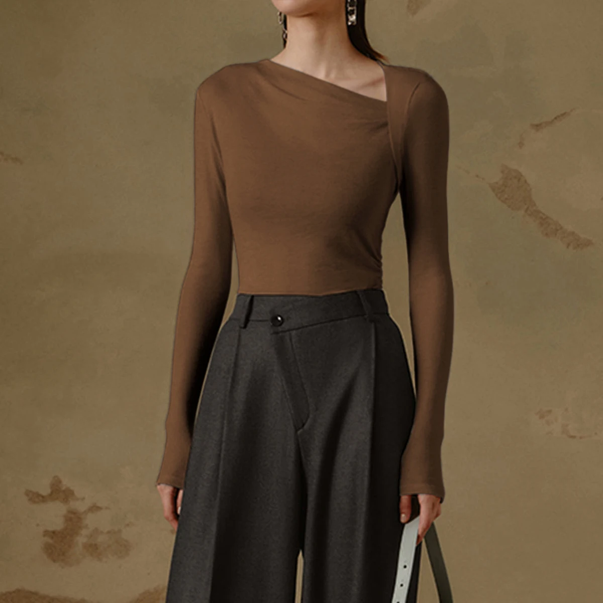 Slash Neck Tight Fit Body Tops Woman Long Sleeve T-shirt For Ladies