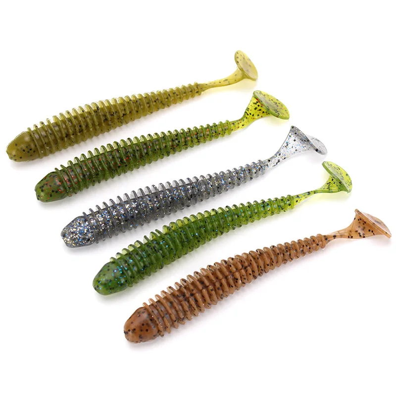 5pcs/box Threaded T tail 5 colors 12cm fishing soft lure set