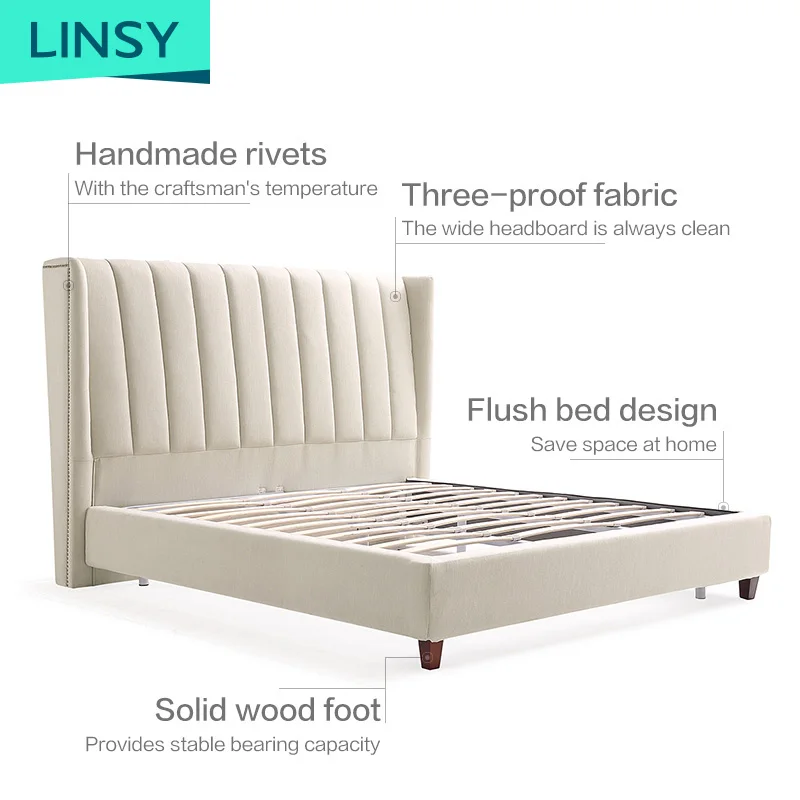 Double Bed and Mattress Set Style Room Wood Design Upholstered Fabric European Home Furniture Bedroom Furniture Soft Bed Modern