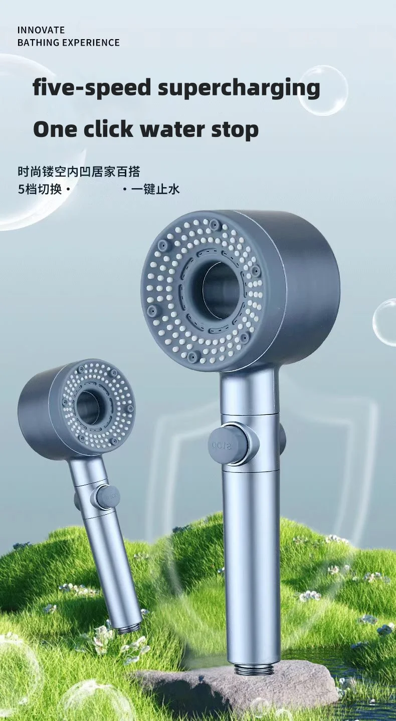 PVC Shower Hose High Pressure Handheld Shower Head With On Off Switch Detachable Shower Head 5 Spray Settings Showerhead