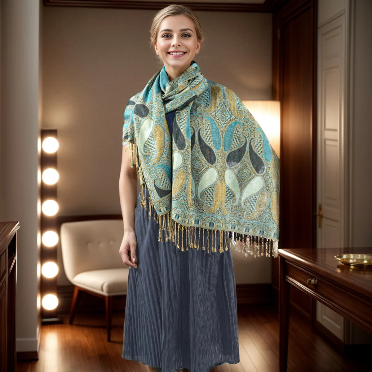Bohomonde pashmina shawl with tassel Indian floral paisley cashmere scarf nepal poncho for women