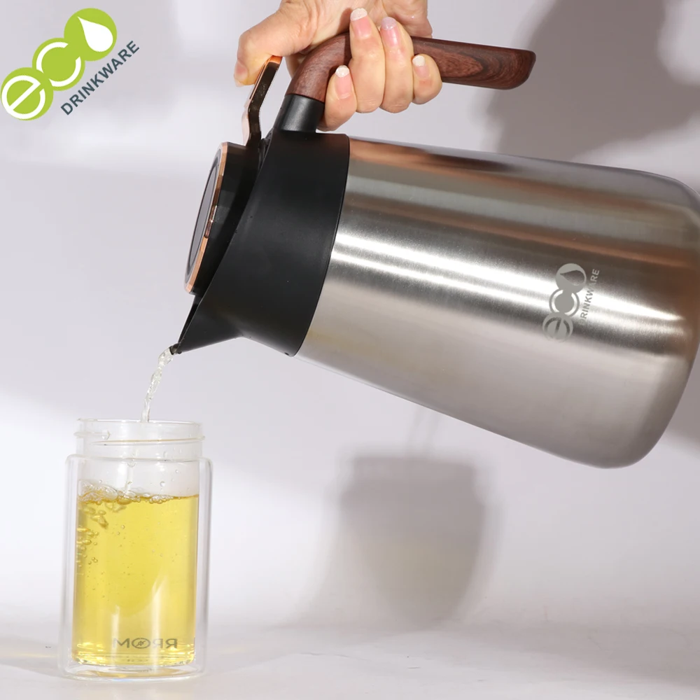 GT008 thermos flask coffee pot made of double walled 304 stainless steel with wooden handle insulated jug with drip free spout