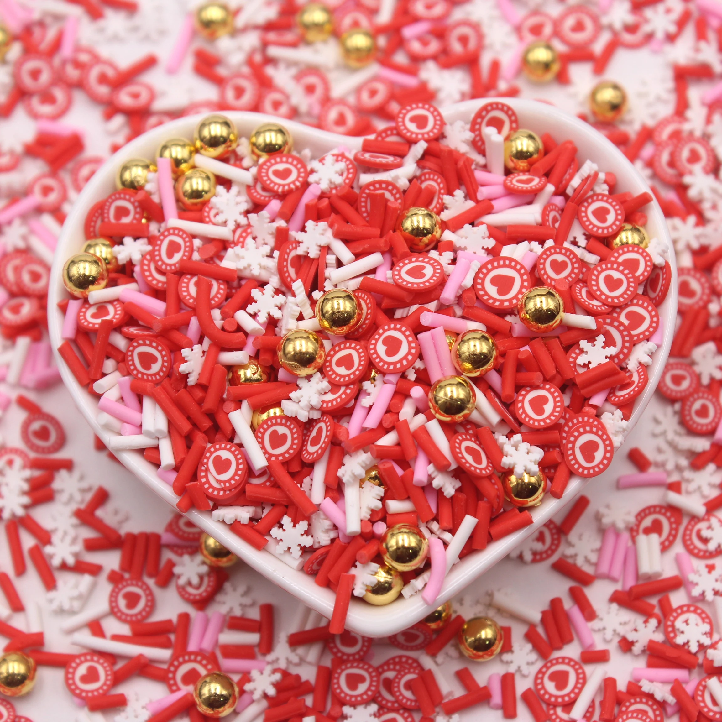 1KG Valentines Series Heart Clay Slice Faux Snowflake with Gold Beads Sprinkles Slime Supplies Shaker Filler