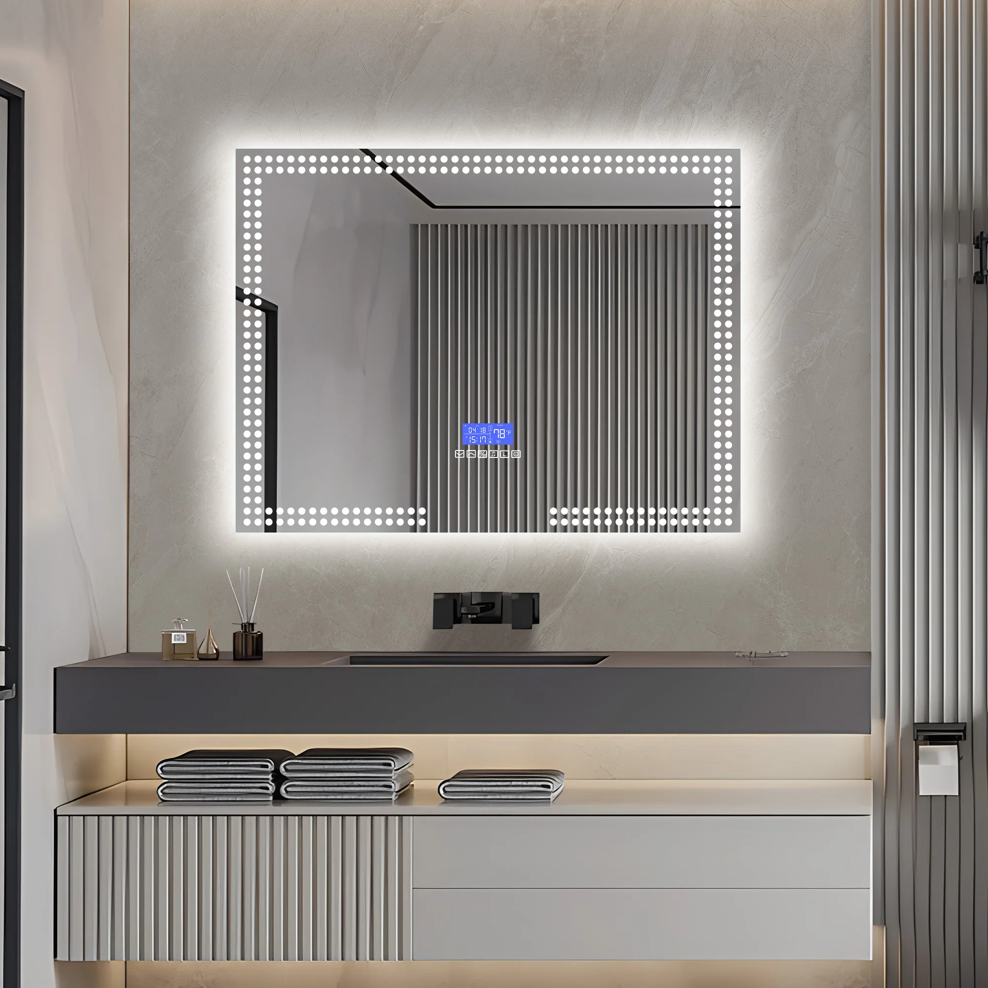 Прозрачное стекло с белым светодиодным зеркалом Анти-туман и освещенный Bluetooth туалетное зеркало