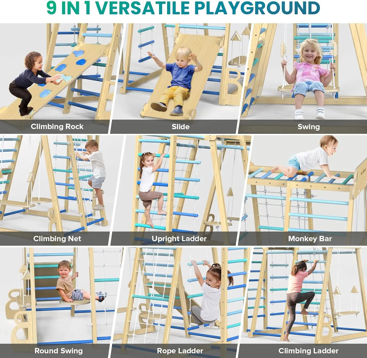 Indoor Playground 9-in-1 Jungle Gym Kids Climbing Toys, Montessori Waldorf Style Wooden Climber