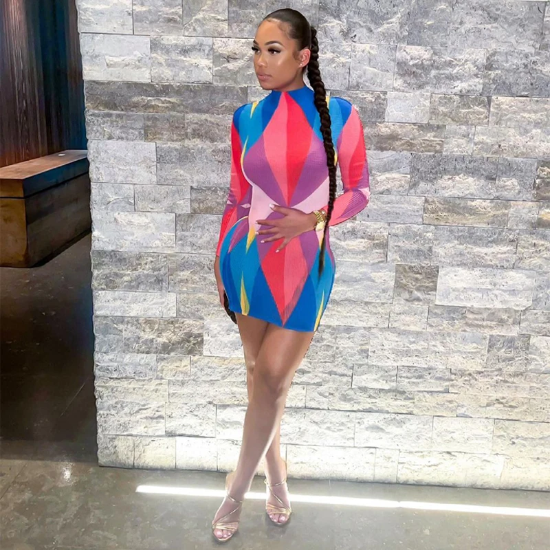 Trendy beautiful dress contrast color pretty printed O-neck long sleeves see through slim fit short dress for women