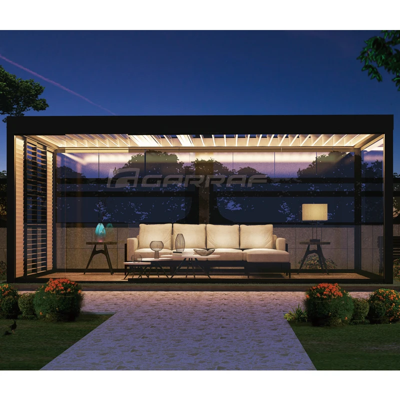 Customized UV Block Electric Gazebo Pavilion with Remote Control System Waterproof Aluminium Canopy Pergola with LED Blinds