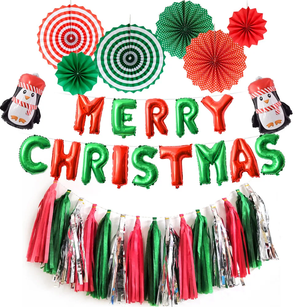 Wholesale Christmas Party Supplies Red Green Paper Fan Flower Merry Christmas Letter Balloon Tassel Set