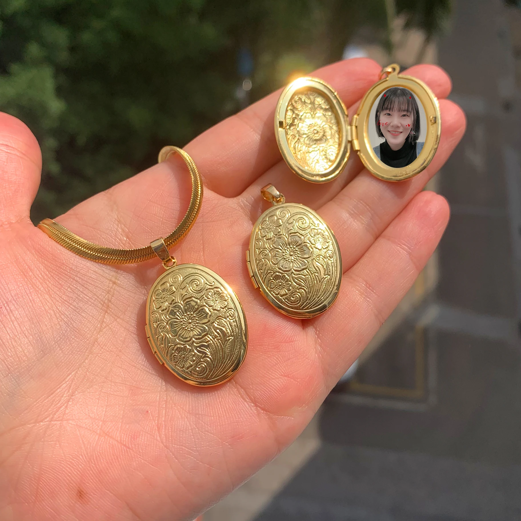 Vintage Luxury Women Dainty 14k Gold Plated Sublimation Memory Photo I Love You Couple Heart Chain Locket Pendant Necklace