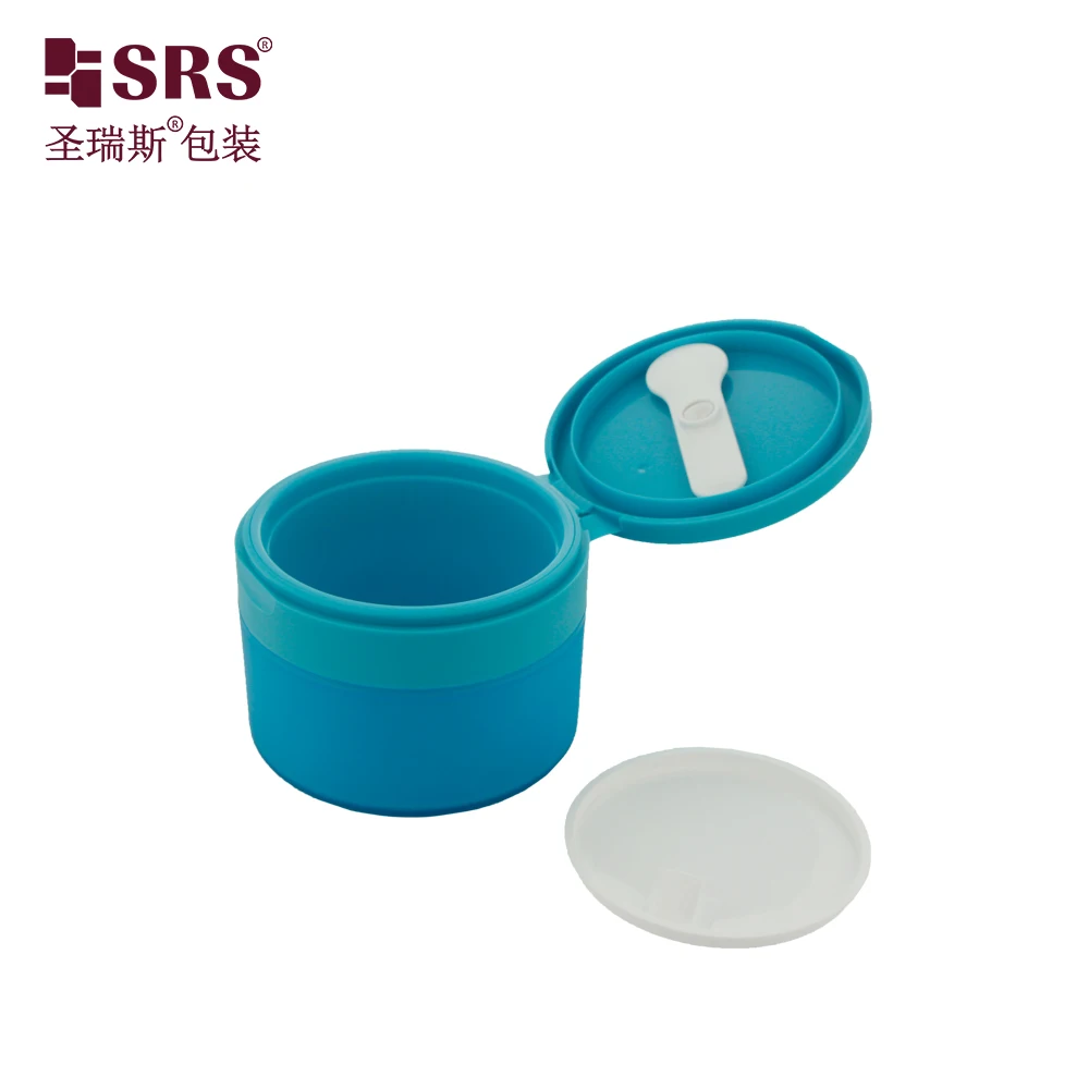 SRS1-120g Cylinder Lake Blue Colored PP Plastic Jar Set Cosmetic container with Blue Flip Cap with Attached Spoon for Eye Care