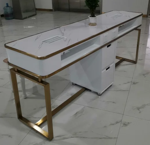 Modern design custom white and gold portable manicure table with  marble slab on top   ZY-MT075