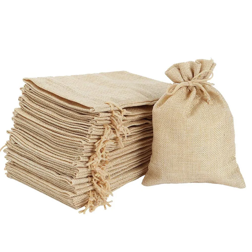 on stock plain organic Jute pouch linen bag small reusable hemp drawstring bags