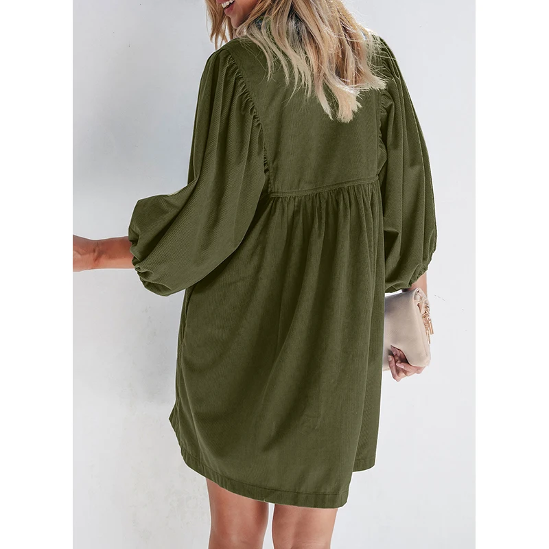 Dear-Lover Wholesale Fast Shipping Corduroy Snap Buttons Empire Waist Bracelet Sleeve Dresses Women Lady Elegant