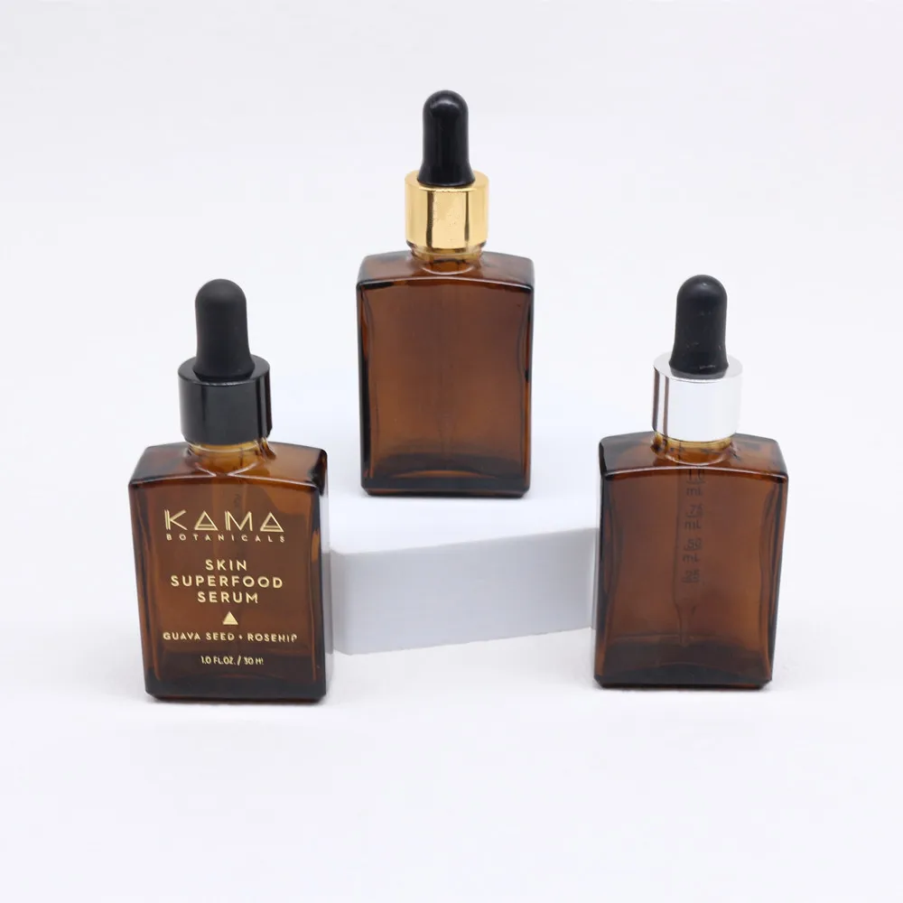 30ml Amber Rectangle Dropper Glass Bottle For Essential Oil Serum Cosmetic Packaging 30ml glass bottle