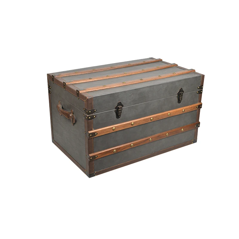 Customized Faux Leather Wooden Chest Handmade Storage Trunk With Metal Lock Multifunctional Wooden Trunk Sets