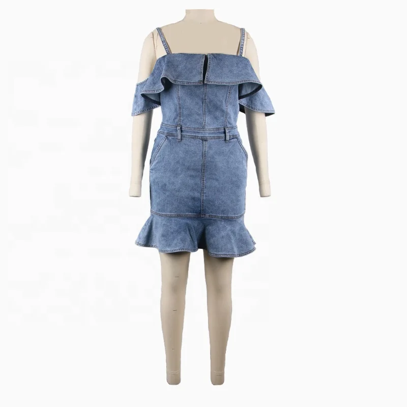 new design snow washing women ruffle denim dress