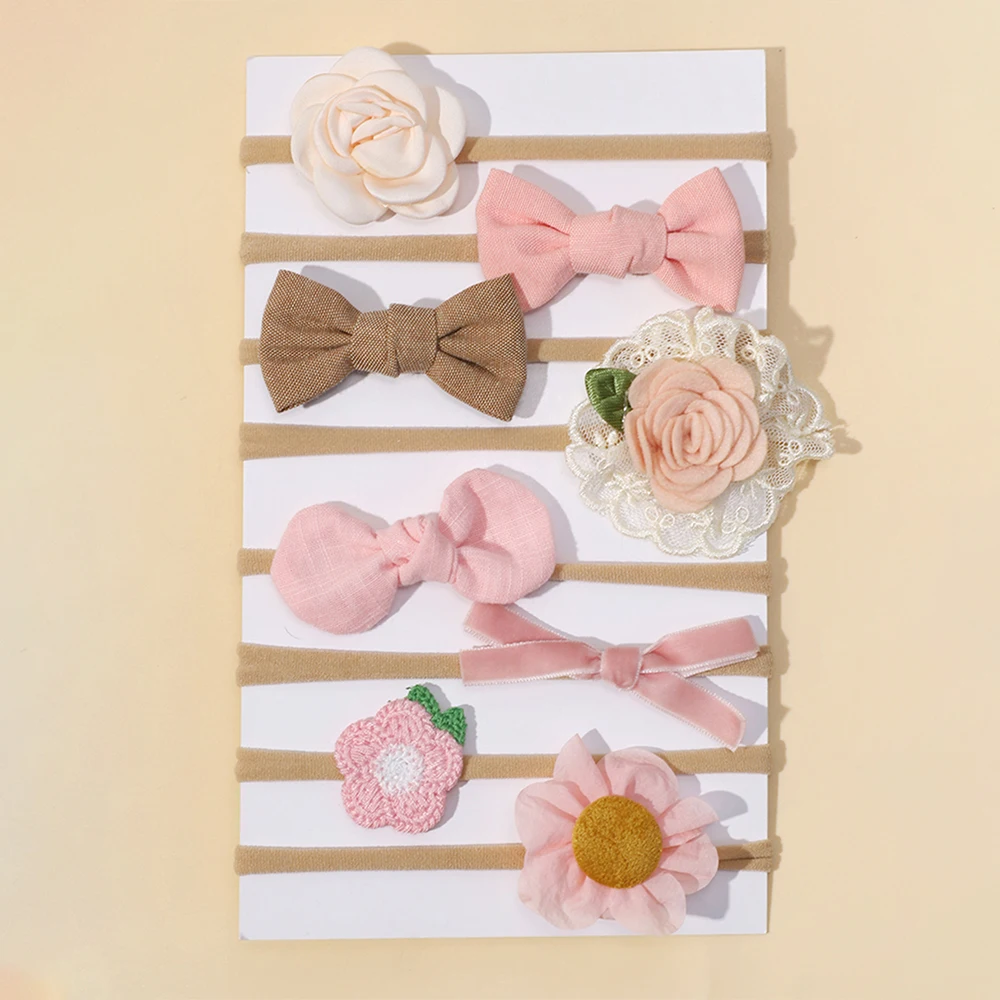 8-Piece Pink Rose Hair Band Set for Baby Girls Fabric and Rubber Lace Wave Dot Bow Accessories with Knots Sweet Style