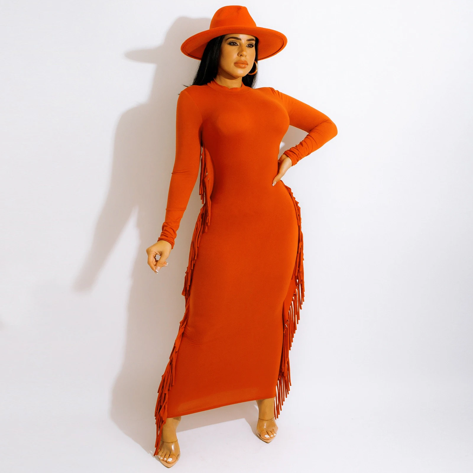 MSL461-Fashion Casual Solid Color Sexy Three-Color A-Line Skirt Ladies Long-Sleeved Dress