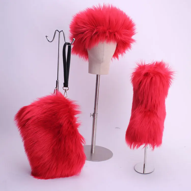  EB-2021Wholesale модные дизайнерские Разноцветные теплые комплекты с искусственным лисьим мехом; Женские зимние ботинки на меху соответствующей меховой повязкой голову; Сумочка