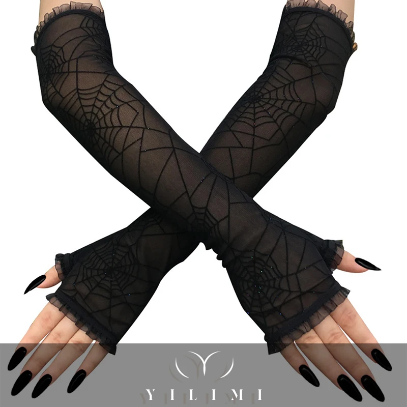Костюм для косплея на Хэллоуин с рисунком паука паутины черные длинные нейлоновые кружевные перчатки Солнцезащитная сетка на полпальца сексуальные женские рукавицы
