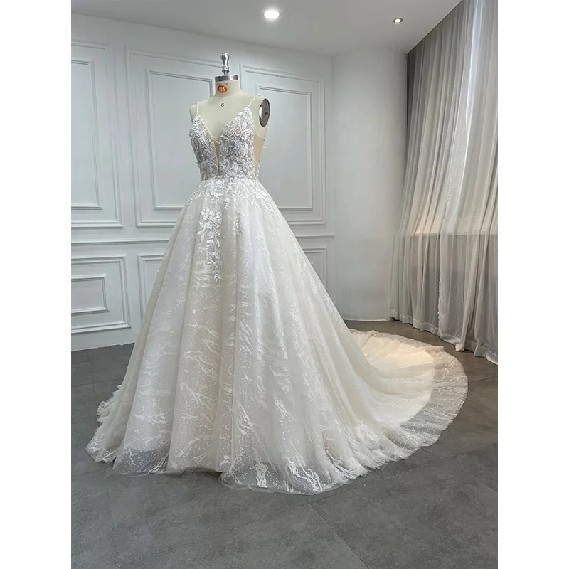 Custom Women Luxury Vestidos De Novia Glitter Beaded Lace Bridal Wed Ball Gown Vintage Pearls Wedding Dresses for Brides 2022