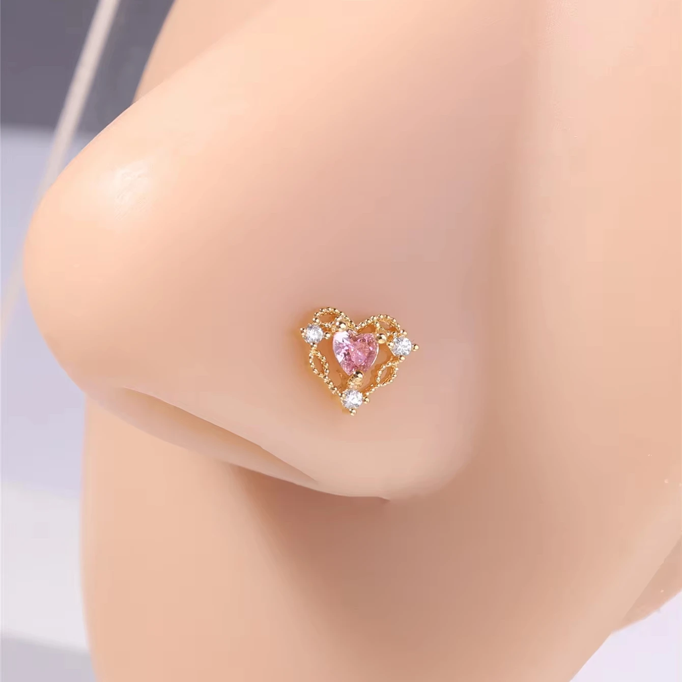 White Pink CZ Pink Heart Design L Shaped Nose Studs Rings for Women Girl Gold Cute Nose Pin Nose Piercing Jewelry Wholesale 20G