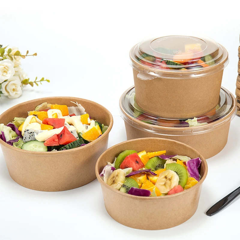 100% Eco Friendly Disposable Brown Kraft Paper Salad Bowl With Lid