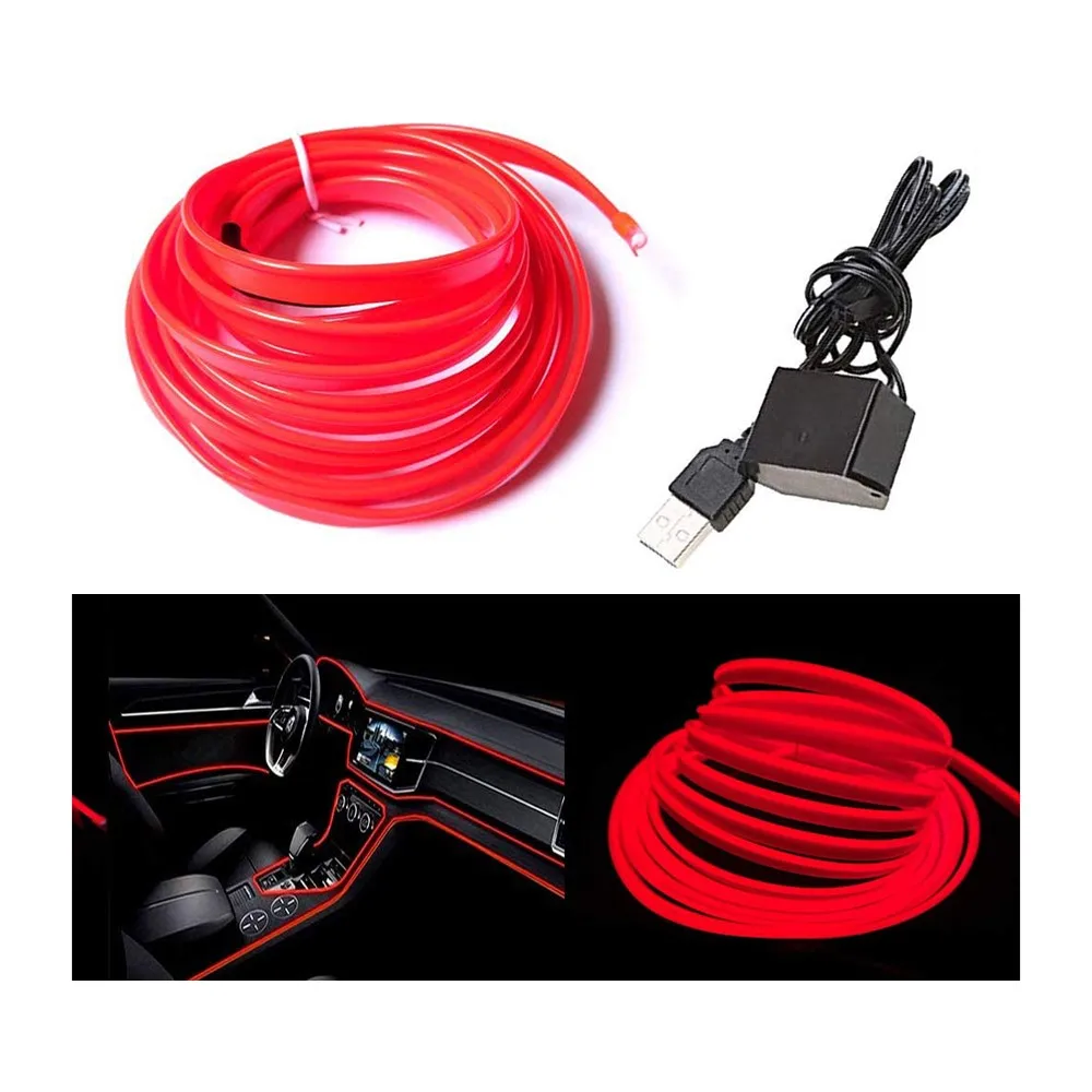 Светодиодная лента EL Wire для салона автомобиля, неоновая USB-проволока для украшения интерьера автомобиля, 3 м/5 м, 5 В, С швейной кромкой 6 мм