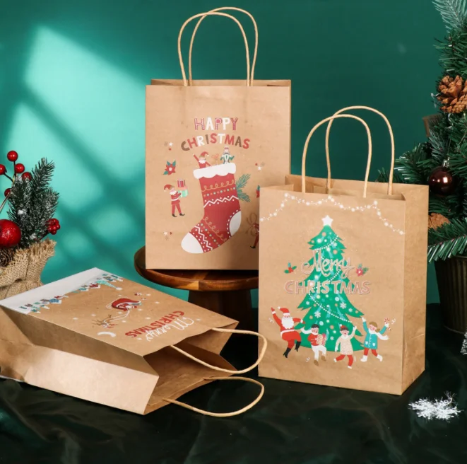 Hot selling premium paper packaging holiday recycled kraft paper bag takeout christmas paper bag